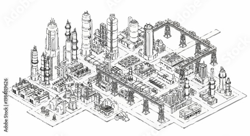 Detailed isometric illustration of a large industrial complex with multiple buildings and structures.
