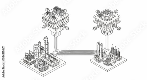 Conceptual illustration of a futuristic industrial complex with interconnected modular units and pipelines.