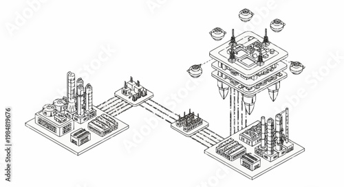 Futuristic industrial complex with interconnected buildings and flying drones.