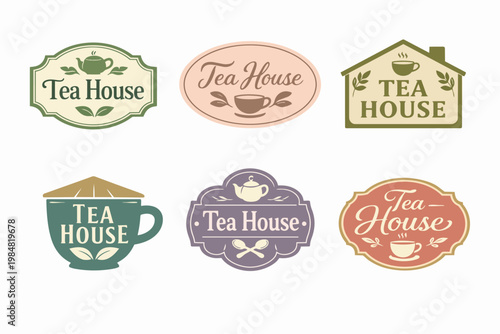 Tea house logo set with vintage style elements, including teapots, cups, and leaves, perfect for cafes and restaurants