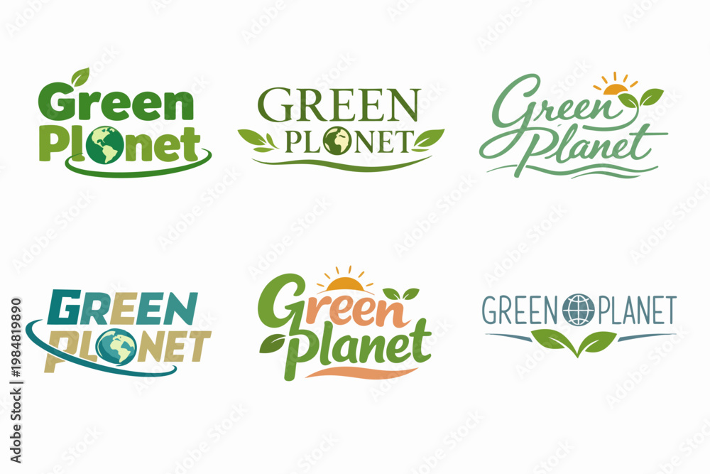 Naklejka premium Green planet logos presenting a variety of designs with earth, leaf, and sun elements for eco-friendly branding