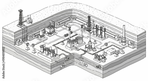 Cross-section illustration of an oil and gas extraction and processing facility with underground infrastructure.
