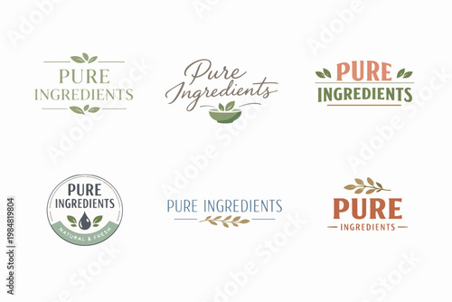 Creating pure ingredients product logos, fresh organic food badges, and natural bio cosmetic labels for marketing brands