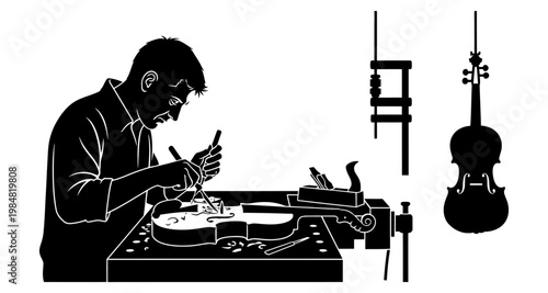 Violin maker shaping wood with tools against a white background silhouette