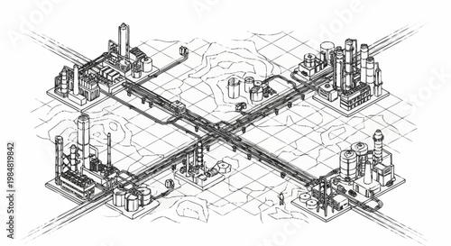 Isometric illustration of an industrial complex with interconnected facilities and pipelines.