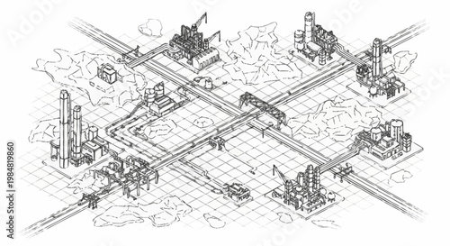 Industrial complex with interconnected pipelines and processing units, isometric view.