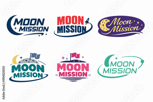 Moon mission logos set featuring space exploration, rockets, flags, and craters illustrating cosmic travel and discovery concepts