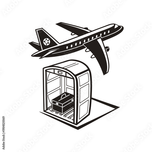 Black and white illustration of an airplane flying above a luggage cart carrying a suitcase