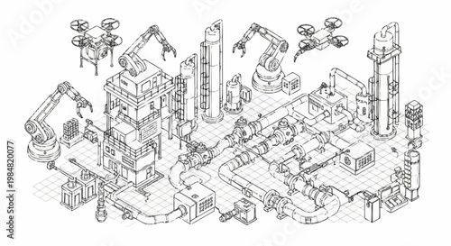 Isometric illustration of a futuristic automated factory with robotic arms and drones, representing industrial automation and advanced technology.