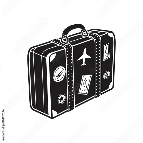 Black and white illustration of a vintage travel suitcase covered with airplane and travel destination stickers