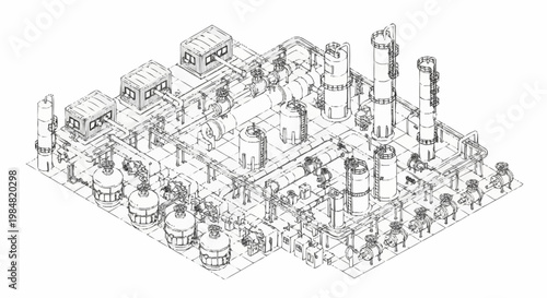 Detailed isometric illustration of a complex industrial chemical plant with multiple towers, pipes, and storage tanks.