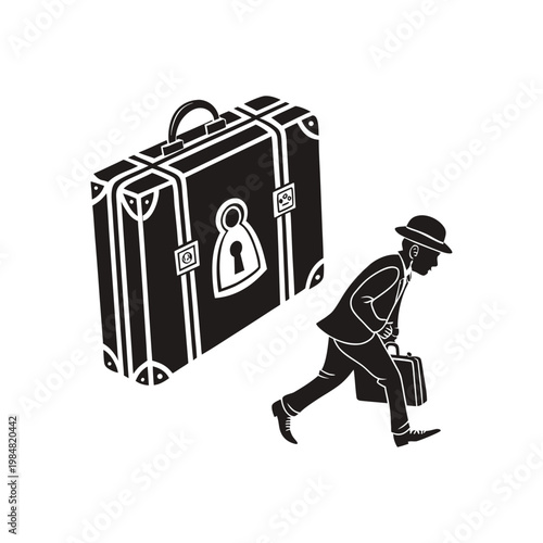 Dynamic black and white illustration of a man running with a briefcase beside a large locked suitcase