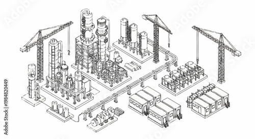 Isometric illustration of an industrial complex under construction with cranes and various structures.