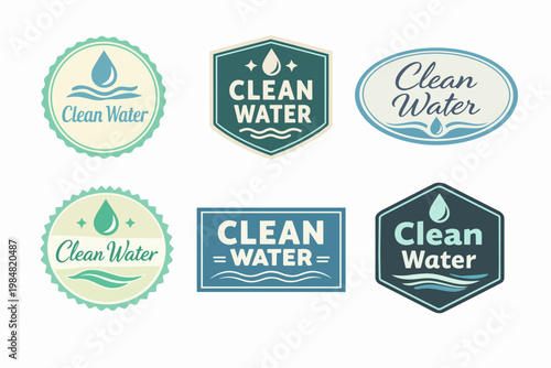 Clean water labels and badges collection promoting pure, natural, and sustainable water consumption