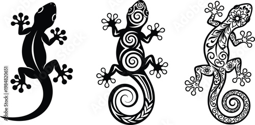 Gecko Lizard Ornament Illustration Set with Silhouette, Tribal, and Decorative Pattern Styles for Tattoo Design, Animal Art, and Creative Graphic Concepts