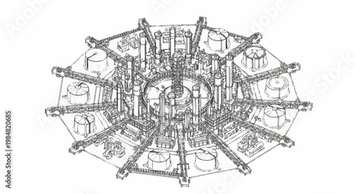 Detailed schematic illustration of a complex industrial structure, possibly a power plant or refinery, rendered in a technical drawing style.