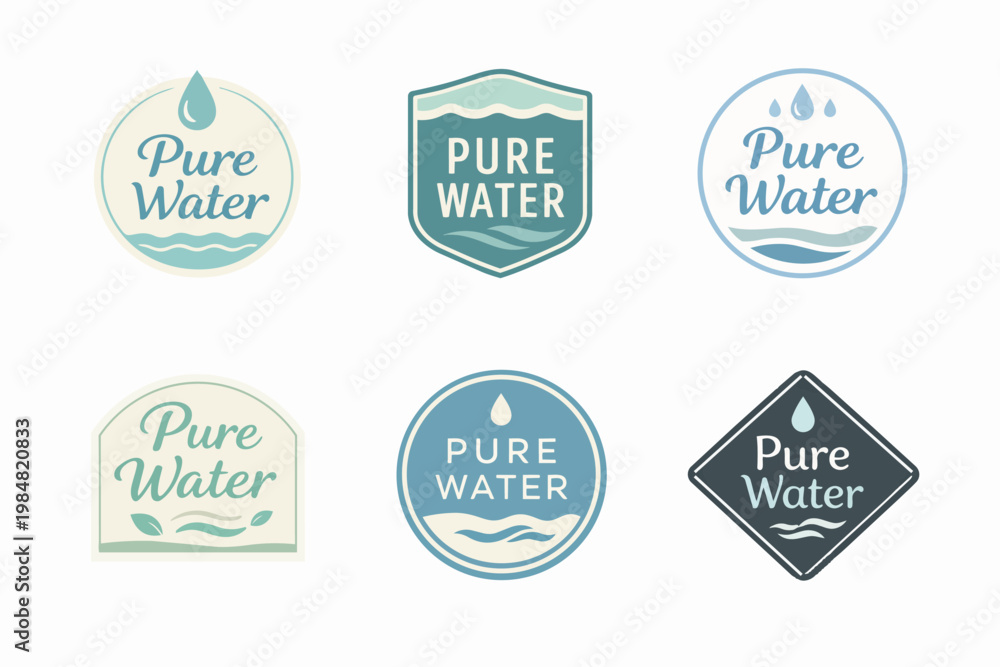 Obraz premium Pure water labels collection representing natural sources, health benefits, and eco-friendly products for branding
