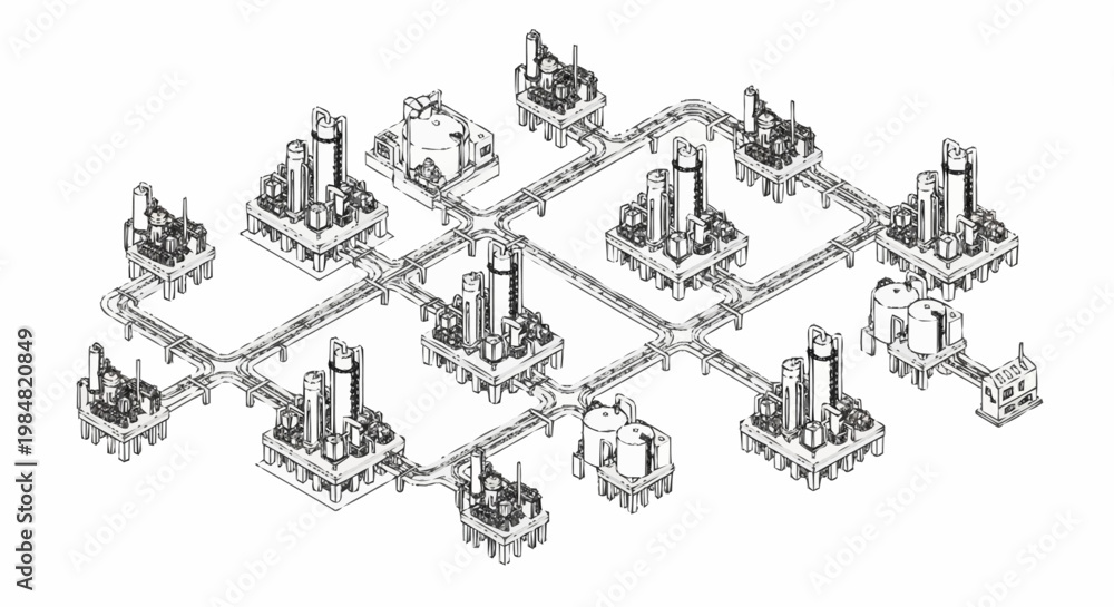 Obraz premium Isometric illustration of a futuristic city network with interconnected buildings and towers.