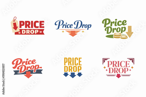 Price drop labels collection showcasing various designs for discount, promotion, and sale marketing campaigns