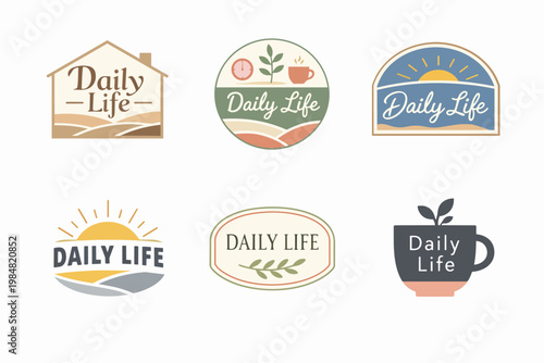 Collection of daily life logos and badges reflecting wellness, minimalism, nature, home, and coffee concepts