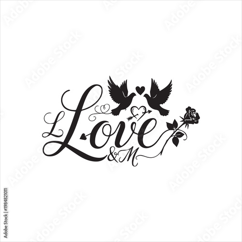  Black love and m typography with birds heart and rose isolated on white background