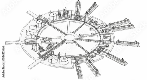 Circular industrial complex with radiating arms and storage tanks, viewed from above in a technical drawing style.