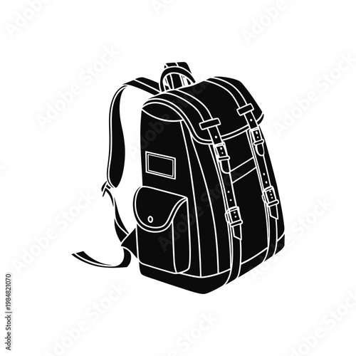 Black backpack with white outline details isolated on plain white background for travel gear concept