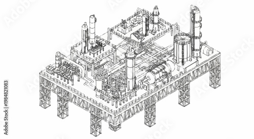 Detailed isometric line drawing of an industrial offshore oil rig platform with complex machinery and structures.