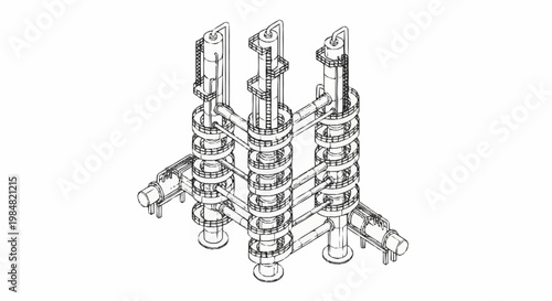 Three-stage industrial distillation column with internal components shown in isometric view.