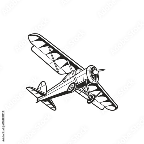 Vintage biplane flying through open air isolated on white background representing early aviation