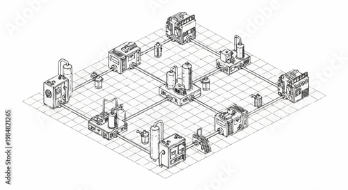 Isometric illustration of a futuristic industrial complex with interconnected buildings and pipelines on a grid.
