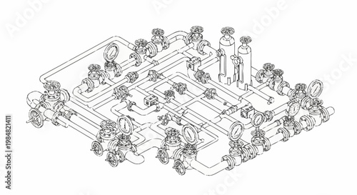Detailed isometric illustration of a complex industrial piping system with valves and gauges.