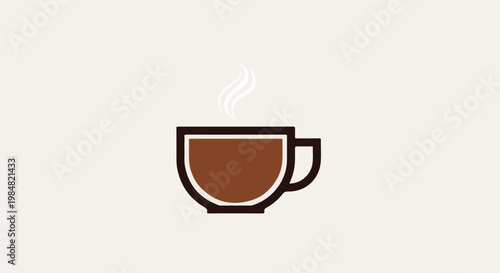 A steaming cup of coffee is depicted in a simple, flat design on a cream background