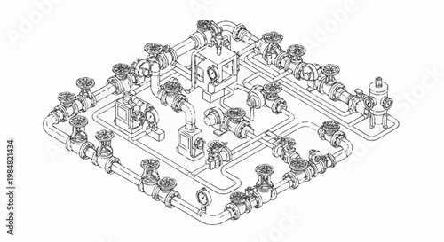 Complex industrial piping system with multiple valves and pumps, isometric technical drawing.