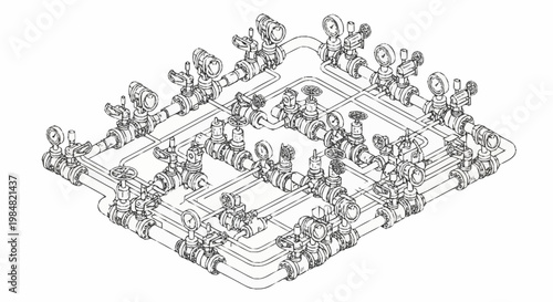 Isometric illustration of a complex industrial manifold system with valves and gauges.