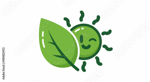 A green leaf and a cheerful, winking sun with rays on a white background
