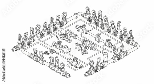 Complex industrial piping system with valves and pressure gauges, isometric view.