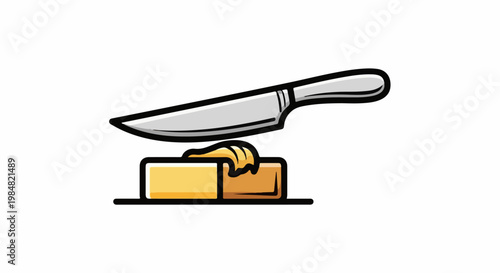 A knife is spreading butter on a block of butter, against a white background