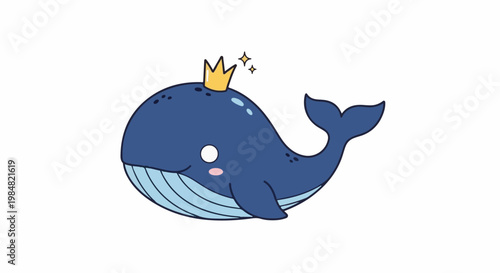 A blue whale with a crown and sparkles, in a cute style