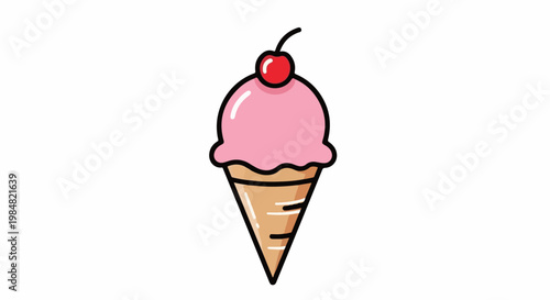 A simple illustration of a pink ice cream cone topped with a cherry