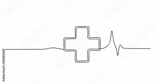 A continuous line drawing shows a cross and a heartbeat line