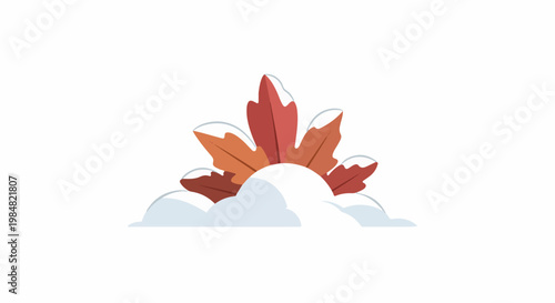 Autumn leaves covered in snow, emerging from white clouds