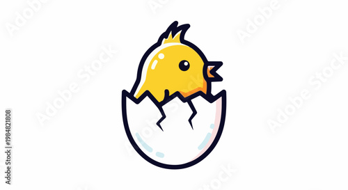 Adorable yellow chick hatches from a cracked white eggshell, looking alert