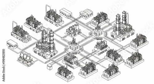 Isometric illustration of a complex industrial factory complex with interconnected buildings and pipelines.
