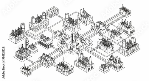 Isometric illustration of a complex industrial factory network with interconnected buildings and pipelines.