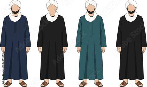 Traditional Arab Men Clothing Illustration with Thobe and Headscarf Variations in Different Colors for Cultural Fashion, Middle Eastern Attire, and Ethnic Design