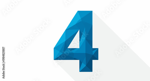Blue geometric number 4 with long shadow on white background