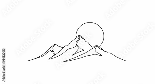Minimalist drawing of sun rising behind jagged mountain peaks