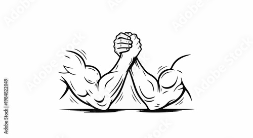 Two muscular arms locked in a powerful, black and white arm-wrestling match