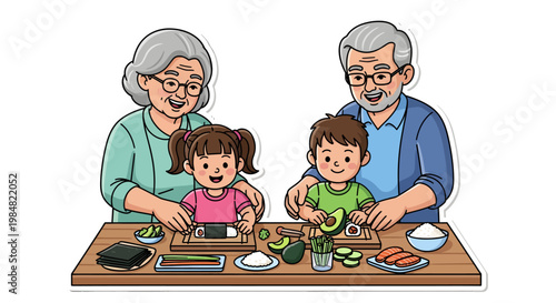 Happy family cooking together at home with grandparents and kids